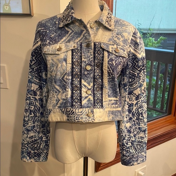 Chico's Jackets & Blazers - Chico’s Embroidered Embellished Blue Patterned Women's Jacket Size 1 Cropped